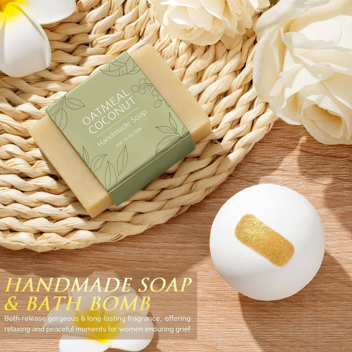Handmade soap bar with leaf label and bath bomb on straw mat