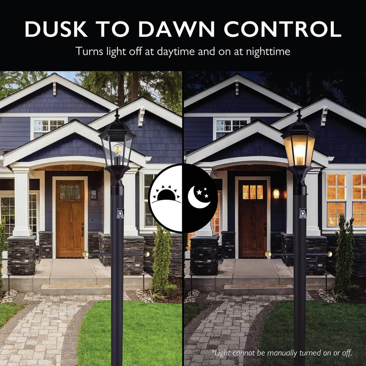 Black dusk-to-dawn control unit on outdoor lamp pole with circular photo sensor window