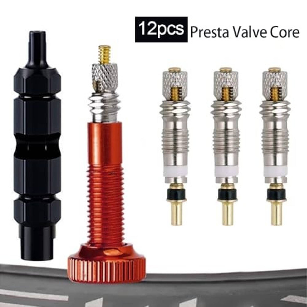 12-pack presta valve cores with black removal tool; mixed copper and silver cores