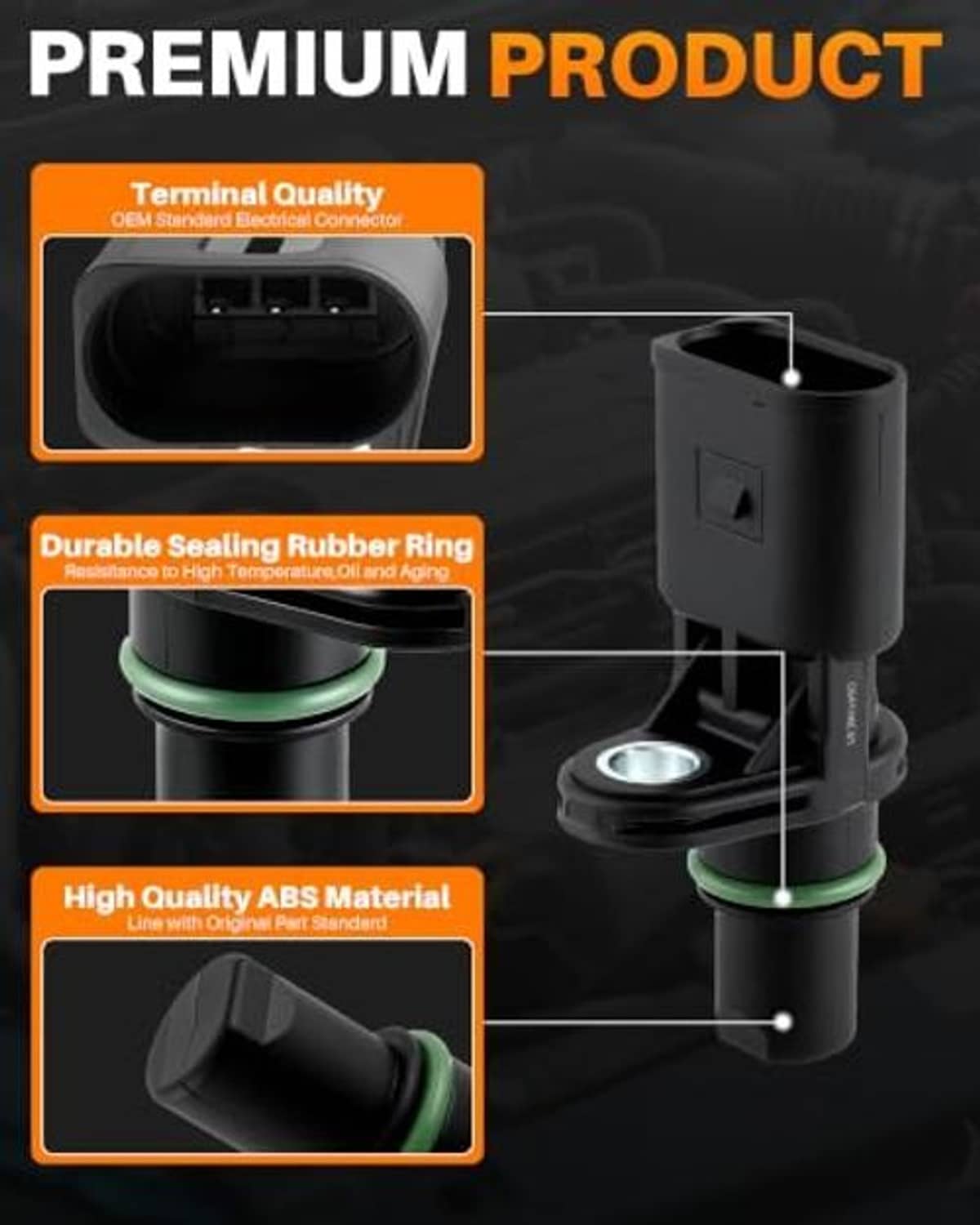 Camshaft position sensor close-up with green sealing ring and ABS housing