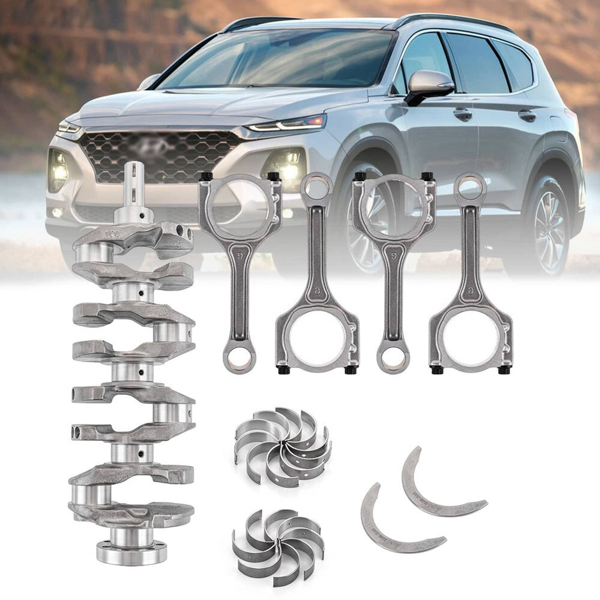 Crankshaft connecting rod bearing kit with connecting rods, bearing shells, and crankshaft parts
