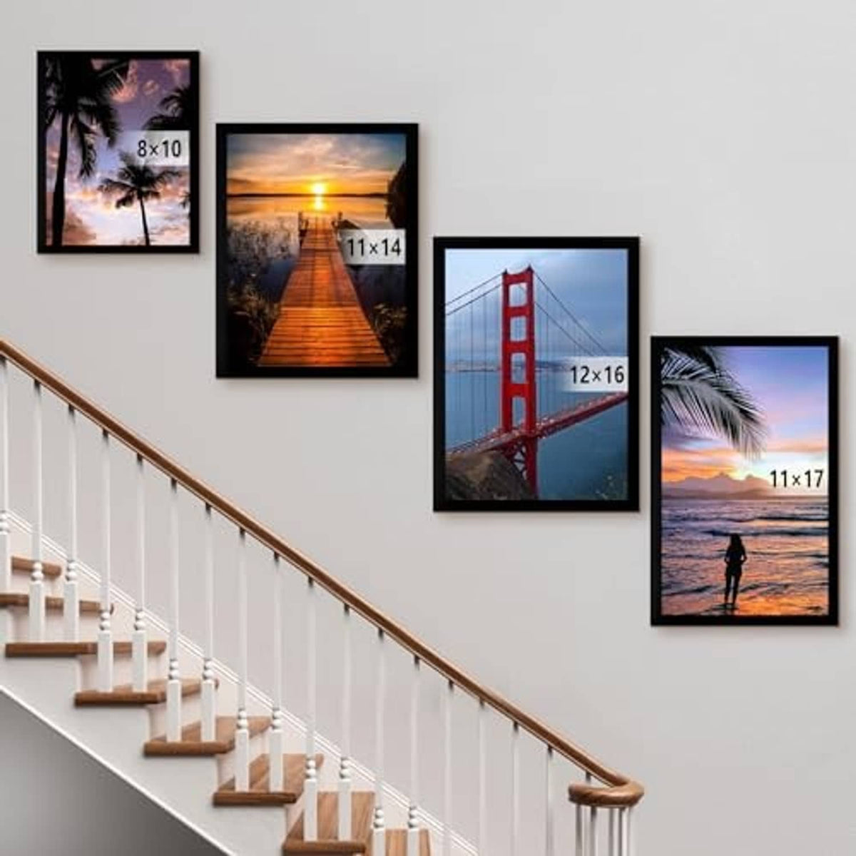 Black wall picture frame set with multiple sizes, including 12x16 Golden Gate.