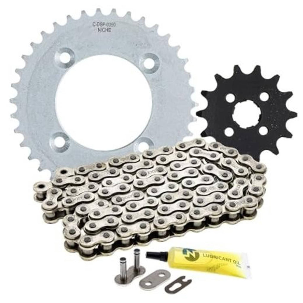 Steel drive sprocket and roller chain set with front and rear sprocket and hardware