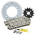 Steel drive sprocket and roller chain set with front and rear sprocket and hardware