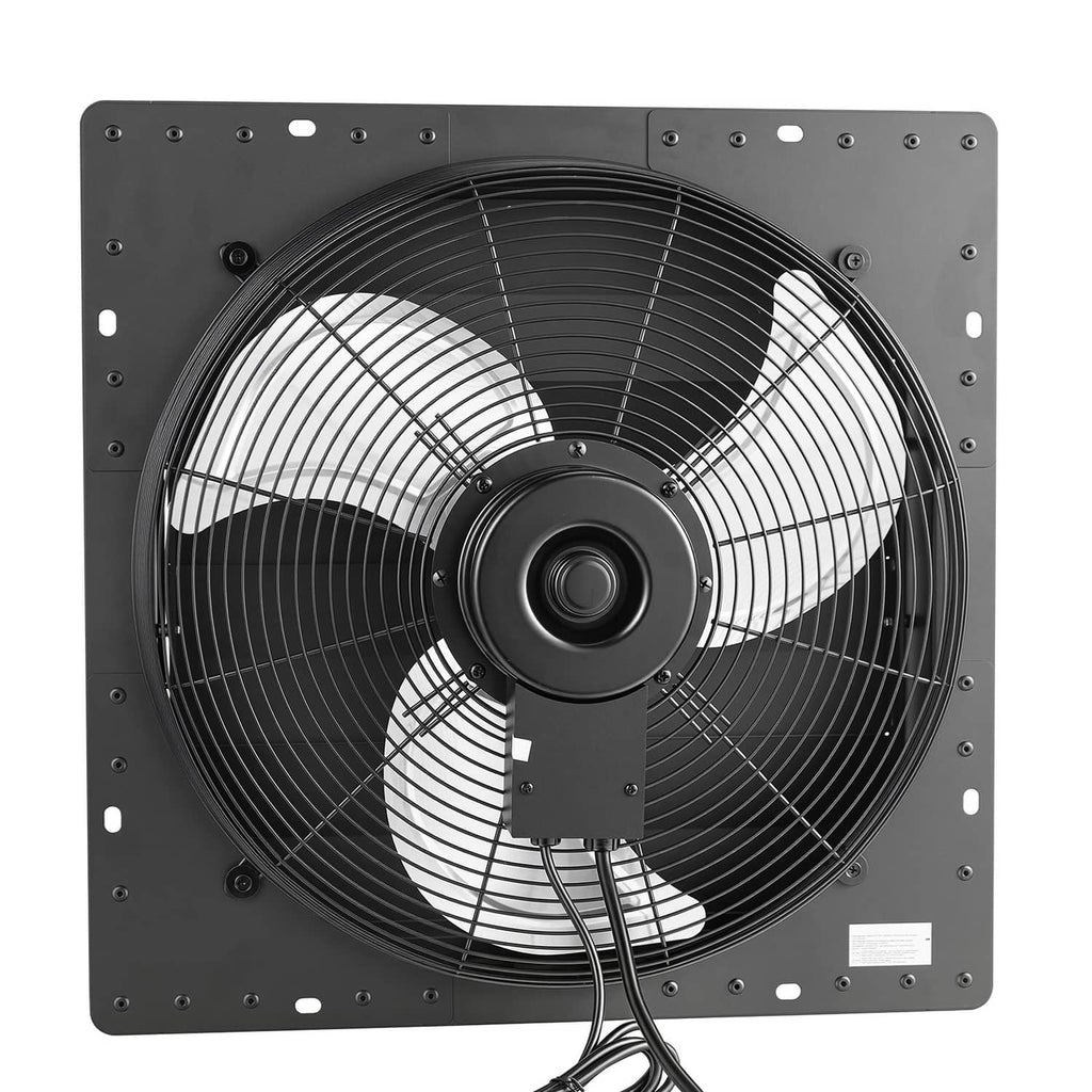 Wall-mounted shutter exhaust fan with black circular grille and adjustable louvers