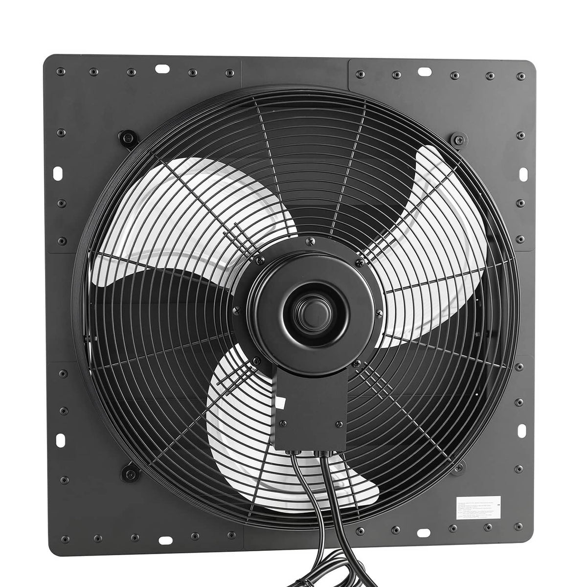 Wall-mounted shutter exhaust fan with black circular grille and adjustable louvers