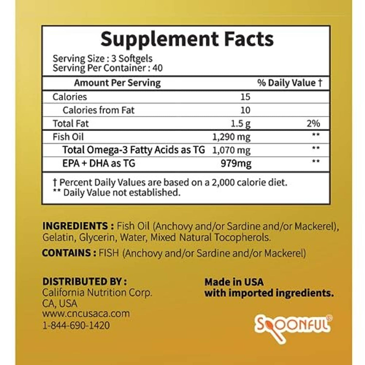 Supplement facts panel for omega-3 fish oil softgels with ingredients list