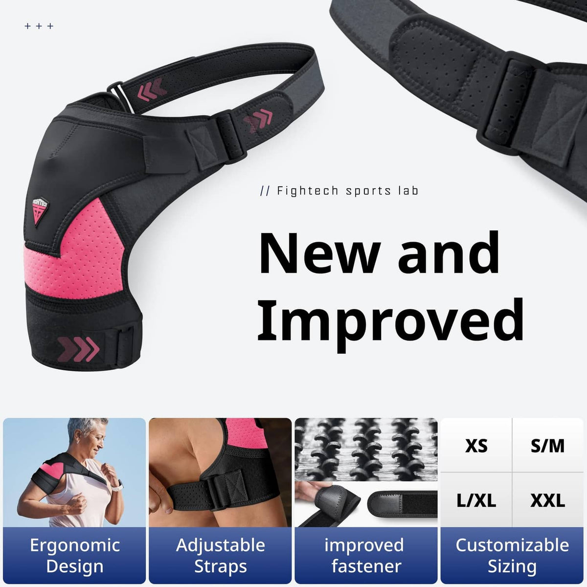 Black shoulder brace with pink perforated inserts and two adjustable straps