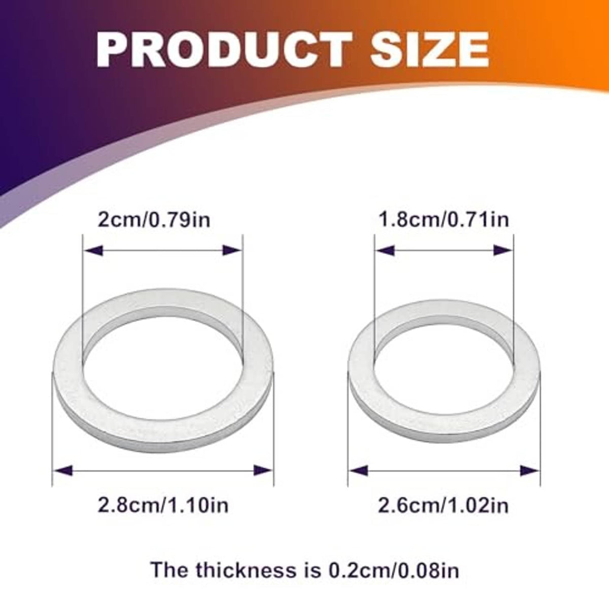 Silver crush washer sizing diagram showing outer diameter and inner hole dimensions