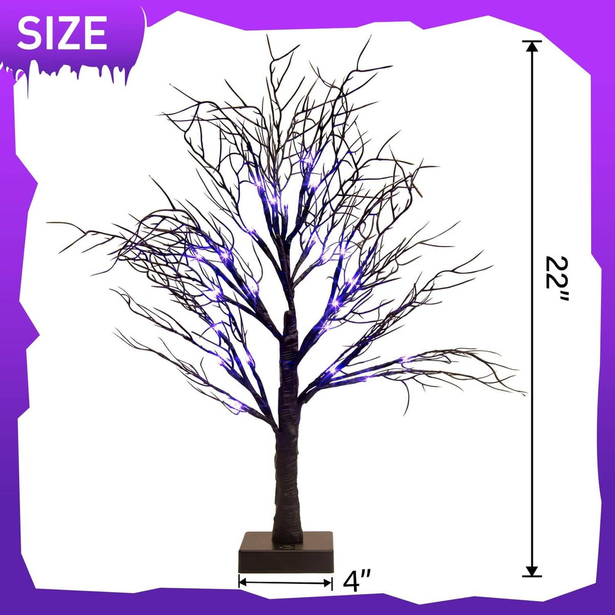 Lighted Halloween decorative tree, about 22 in tall, with purple LED lights on base