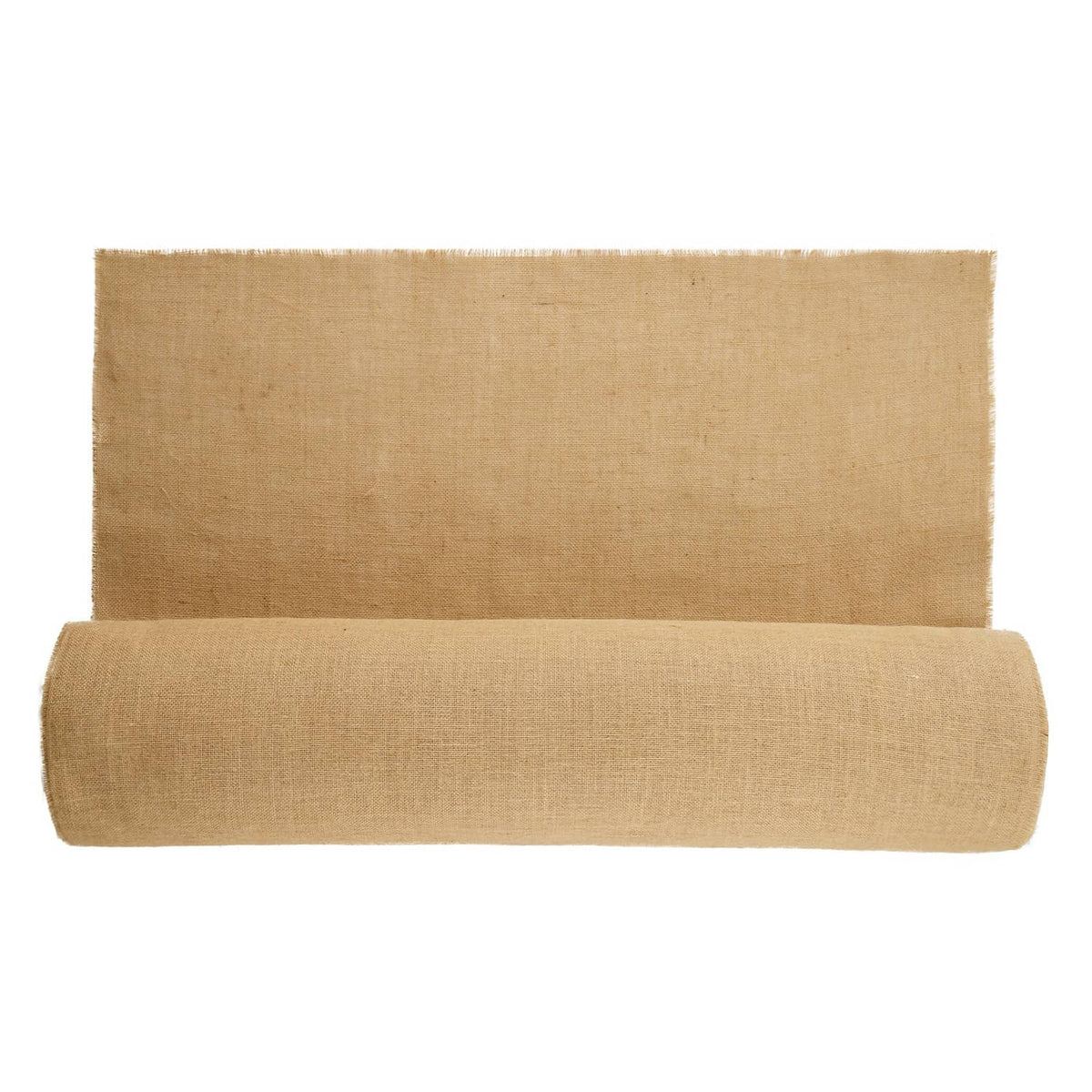 Rolled natural burlap fabric with flat tan sheet, coarse jute weave