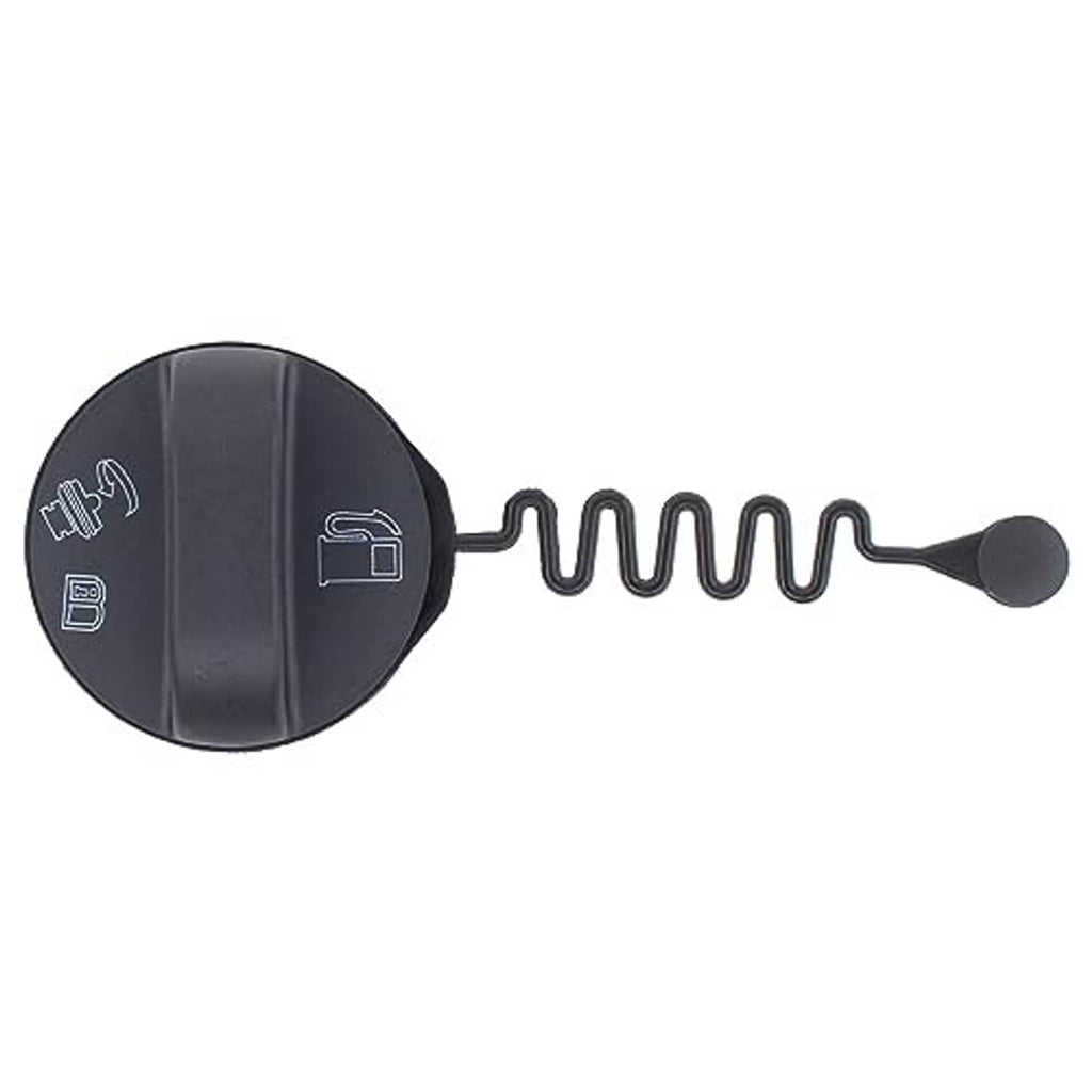 Black fuel filler cap with printed icons and attached tether spring