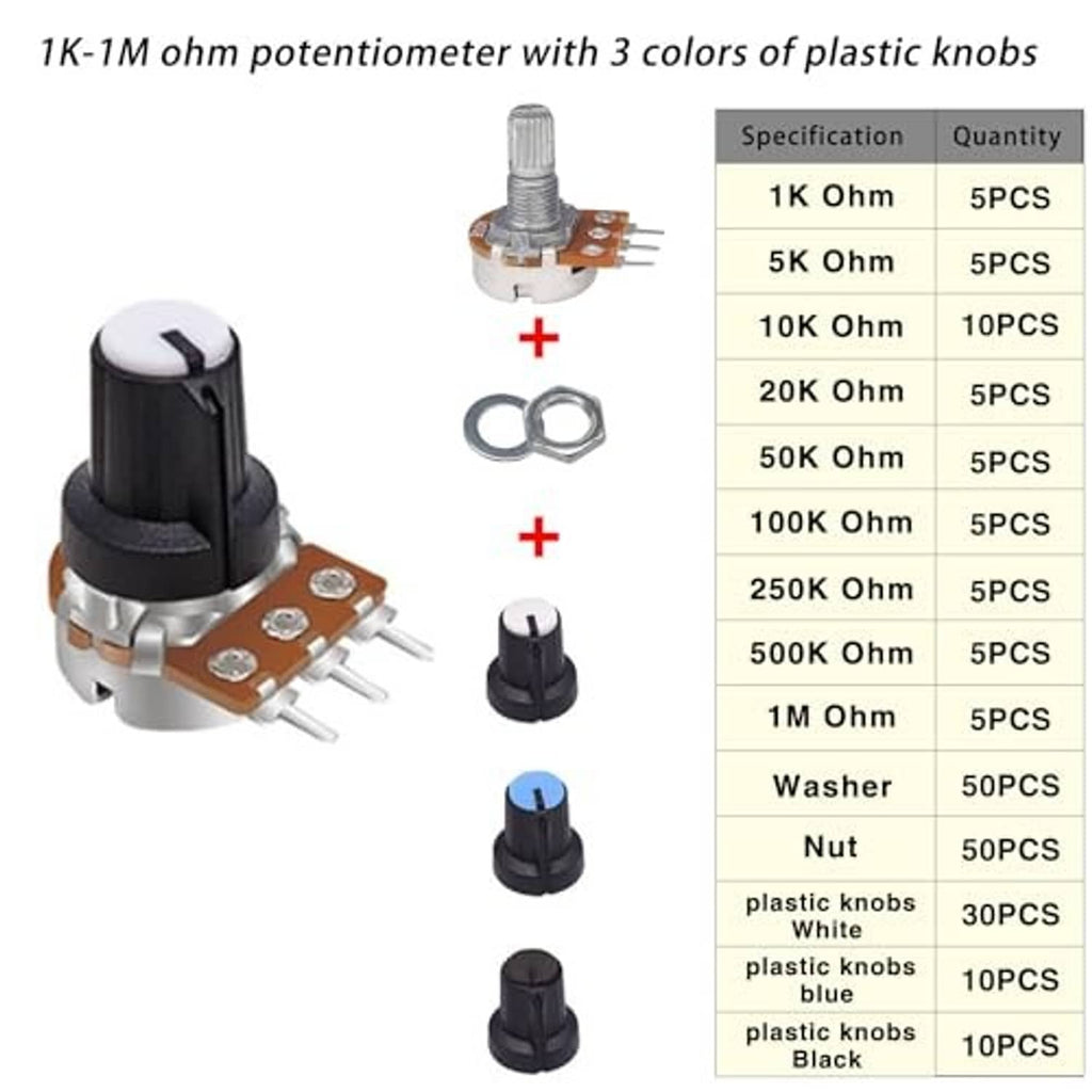 Rotary potentiometer with metal shaft, brown circuit board, and plastic knob caps