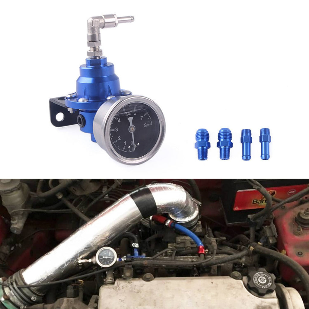 Blue fuel pressure regulator with round oil pressure gauge and included blue threaded fittings