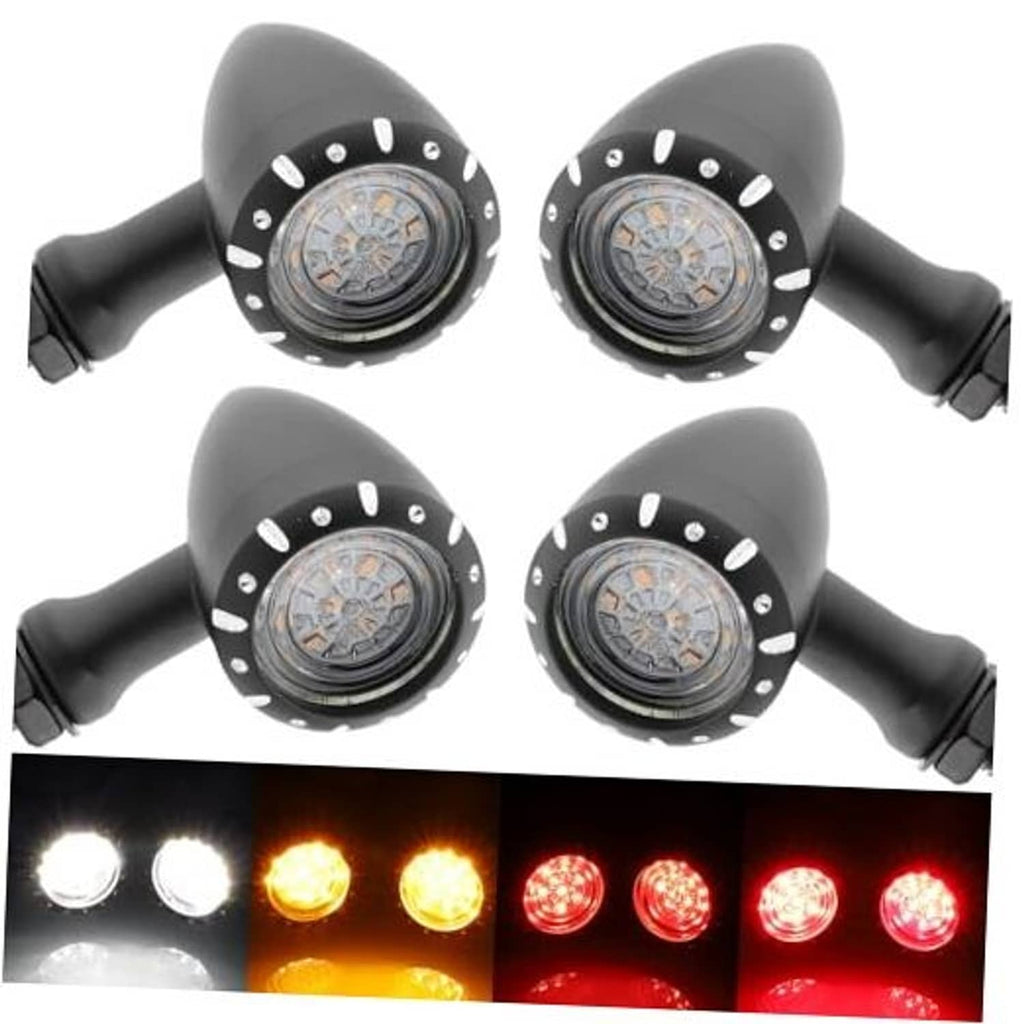 Black motorcycle bullet LED turn signals with studded round lenses, set of four