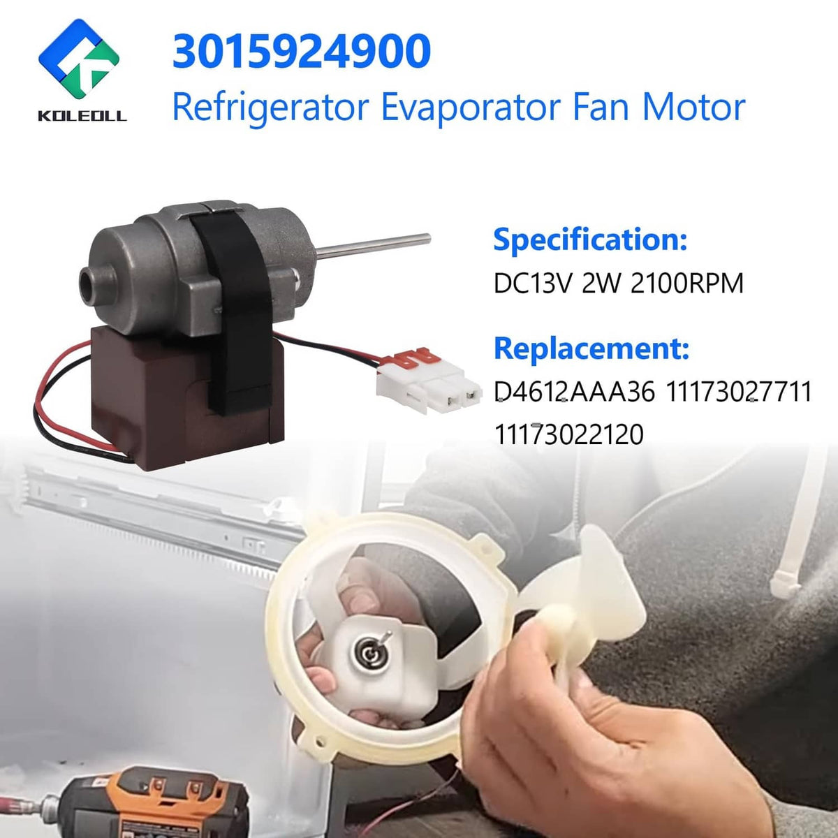 Refrigerator evaporator fan motor with gray cylindrical body and white wire connectors