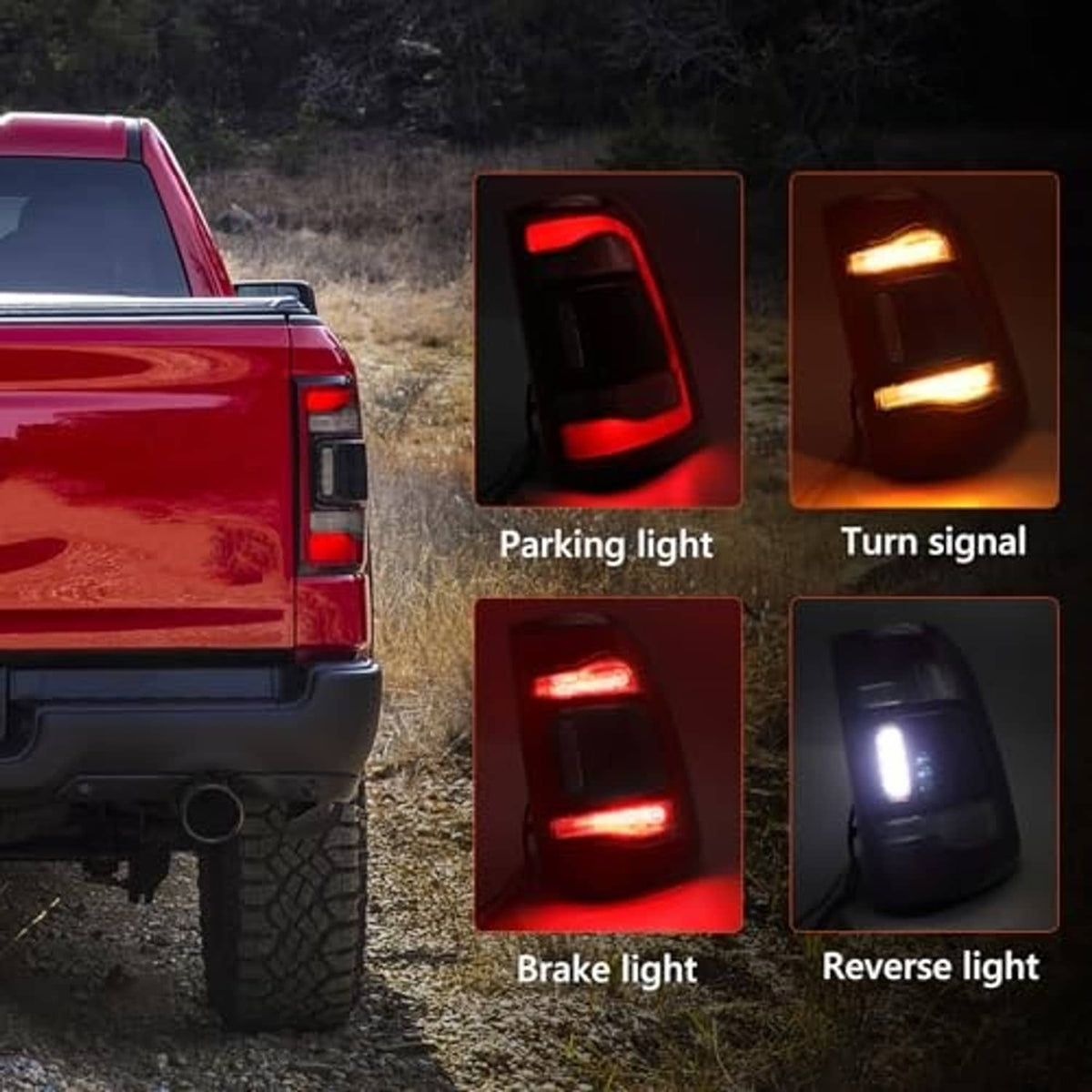 Tail light assembly showing parking, turn signal, brake, and reverse light illumination