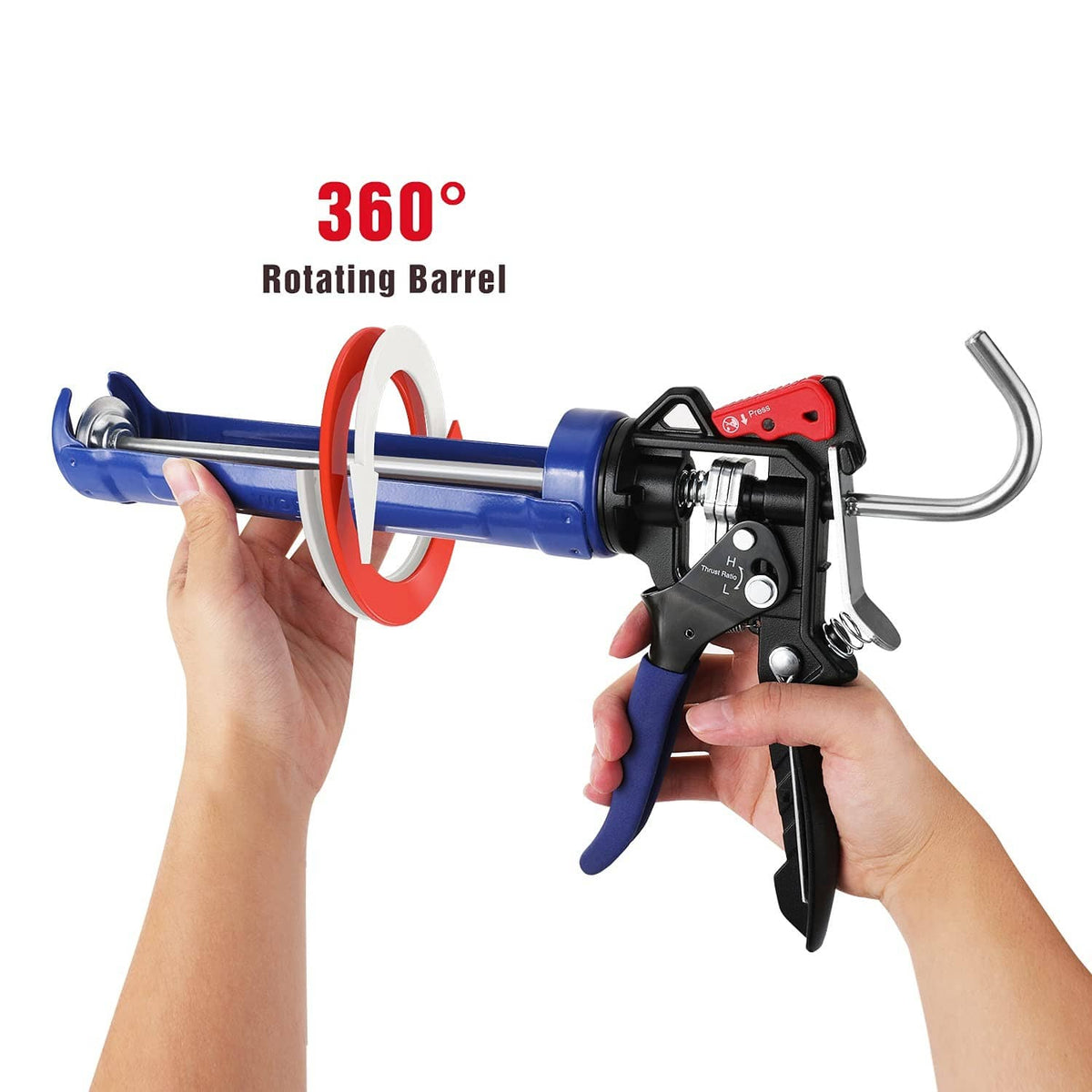 Caulking gun with rotating 360° barrel and curved metal dispensing handle