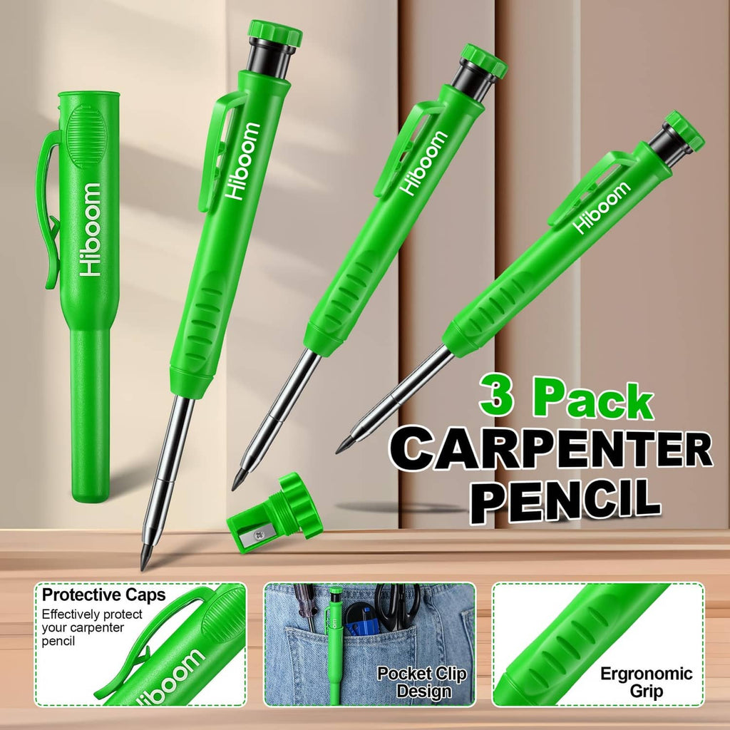 Green carpenter pencil set of three with protective caps and metal point