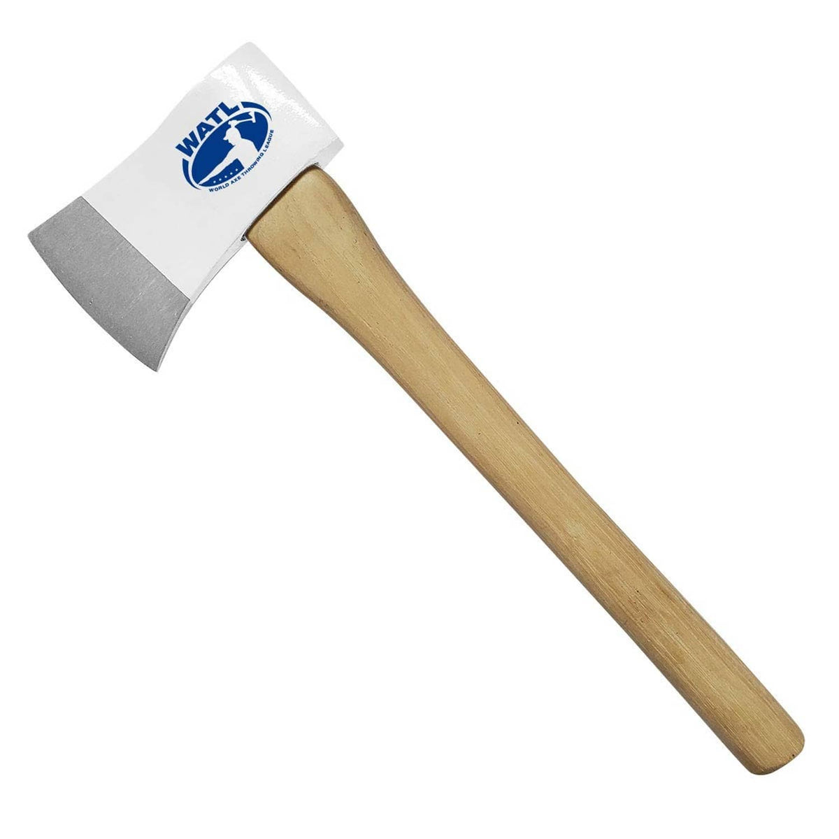 Competition axe with light wood handle and white WATL logo head