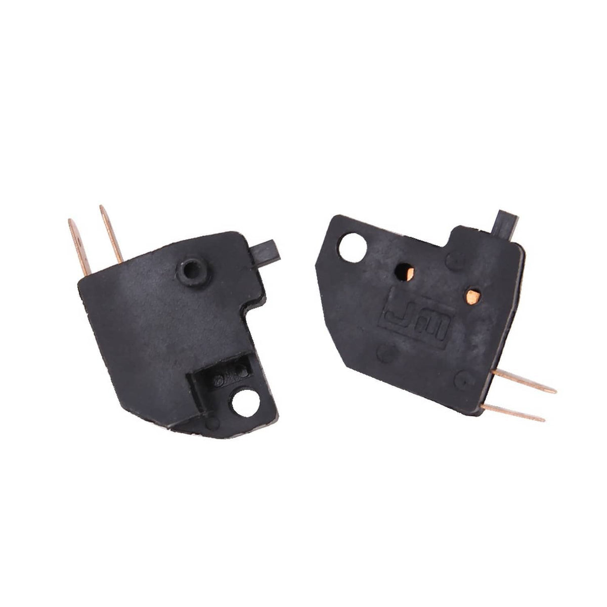 Set of two black brake stop light switch modules with mounting holes and copper leads