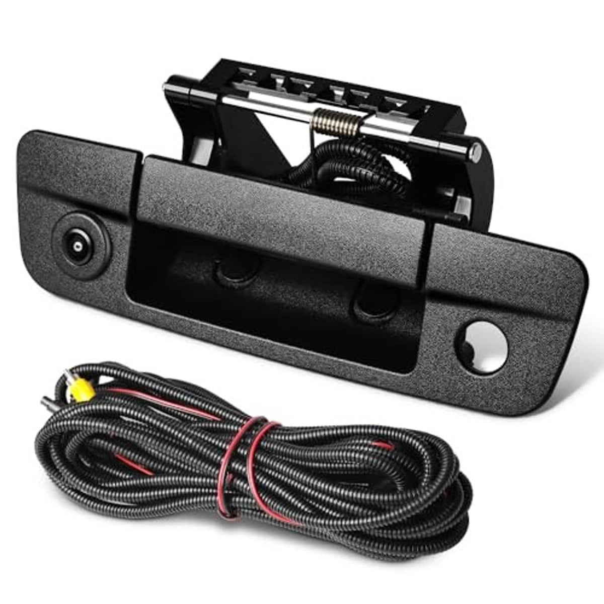 Rear tailgate handle backup camera kit with gray housing, lens, and coiled cable
