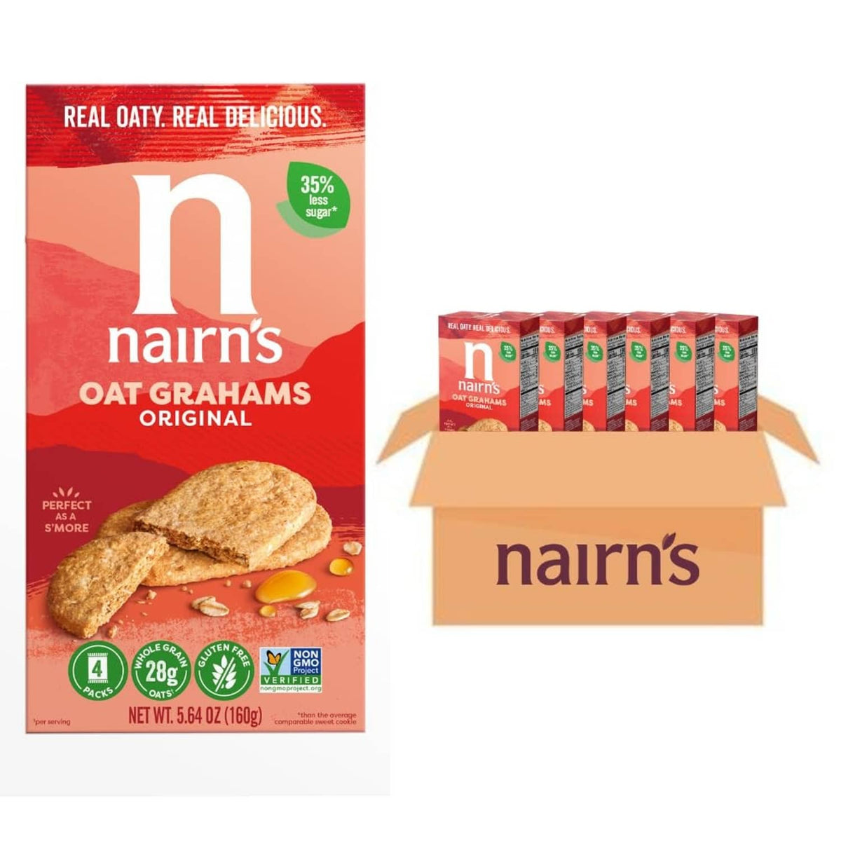 Nairn's gluten-free oat grahams original snack cracker box, red packaging with oats graphic
