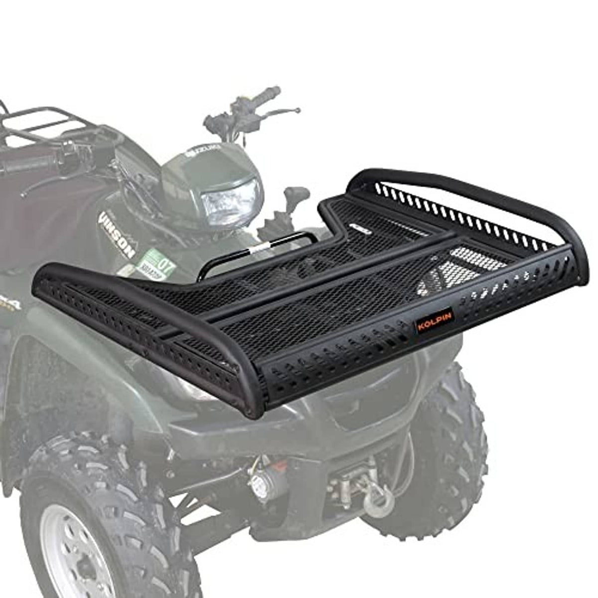 Black ATV flat rack with mesh deck and curved front guard rails