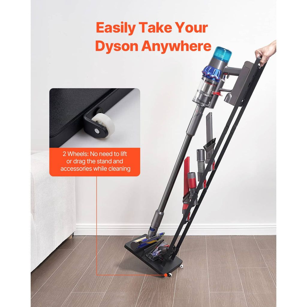 Cordless vacuum stand with black base and upright rack for easy storage