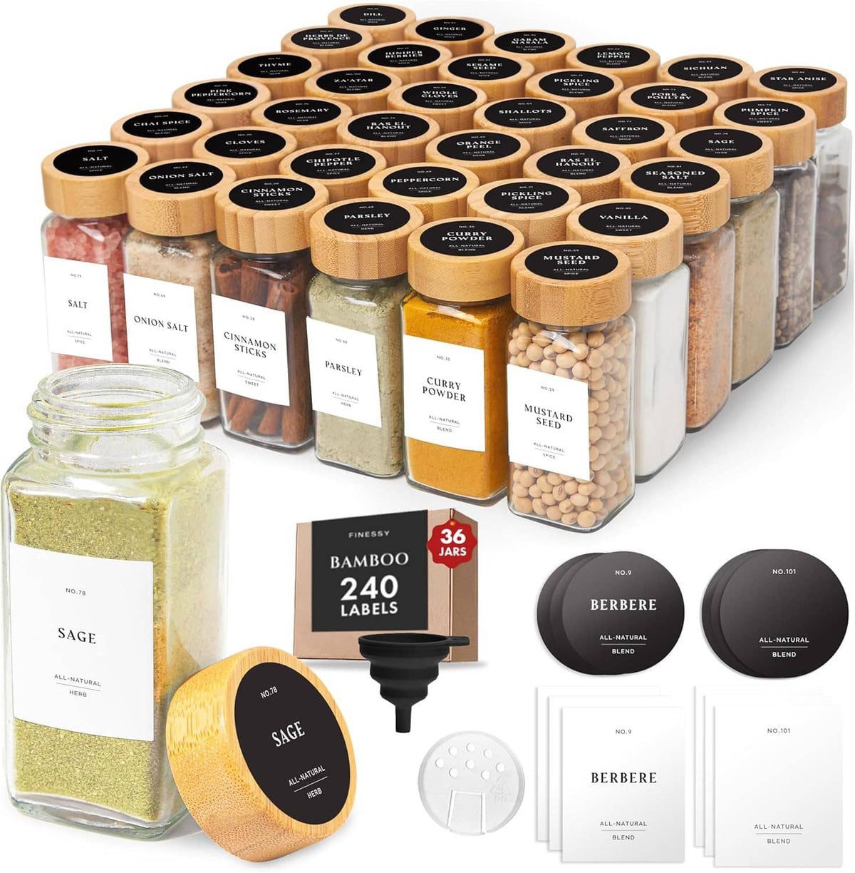 Front view of clear glass spice jars with bamboo lids, 36 jars, and label accessory pieces