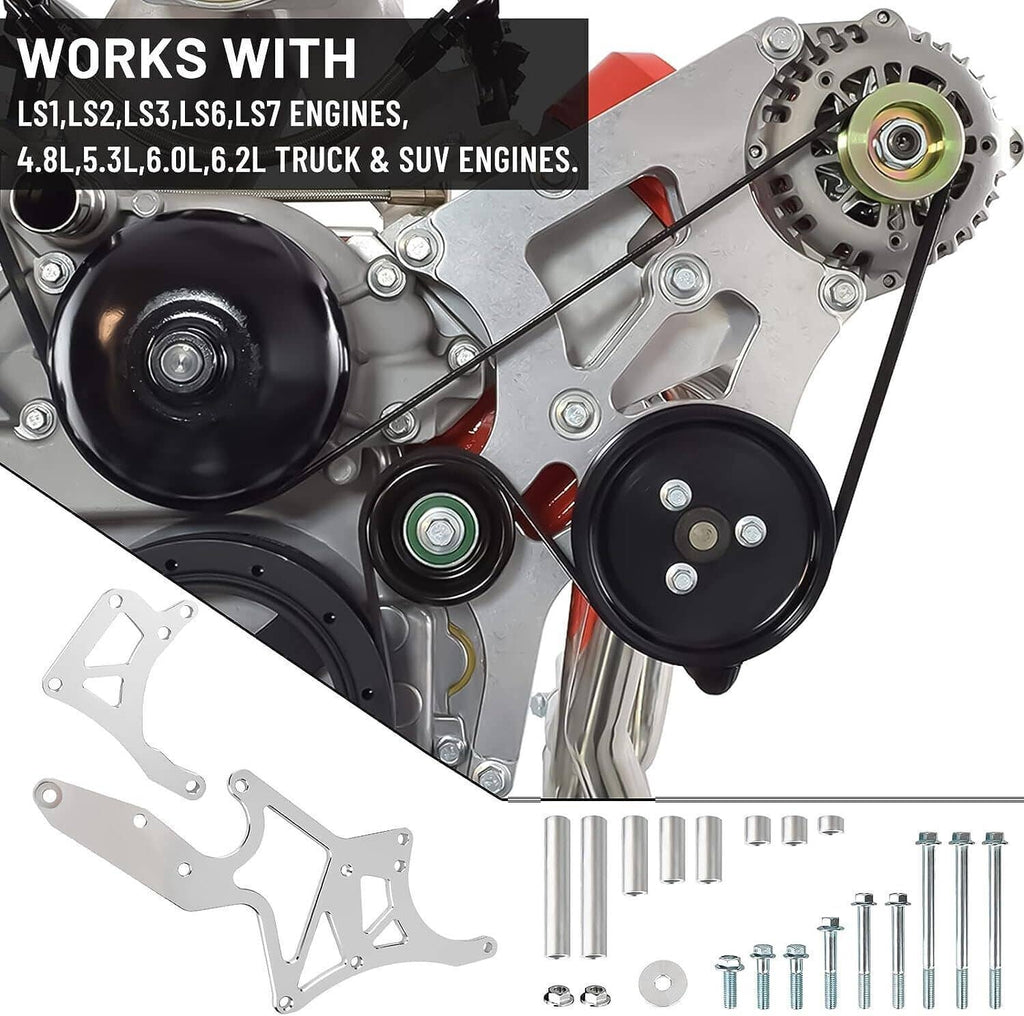 Silver alternator and power steering pump bracket kit with pulleys and mounting hardware