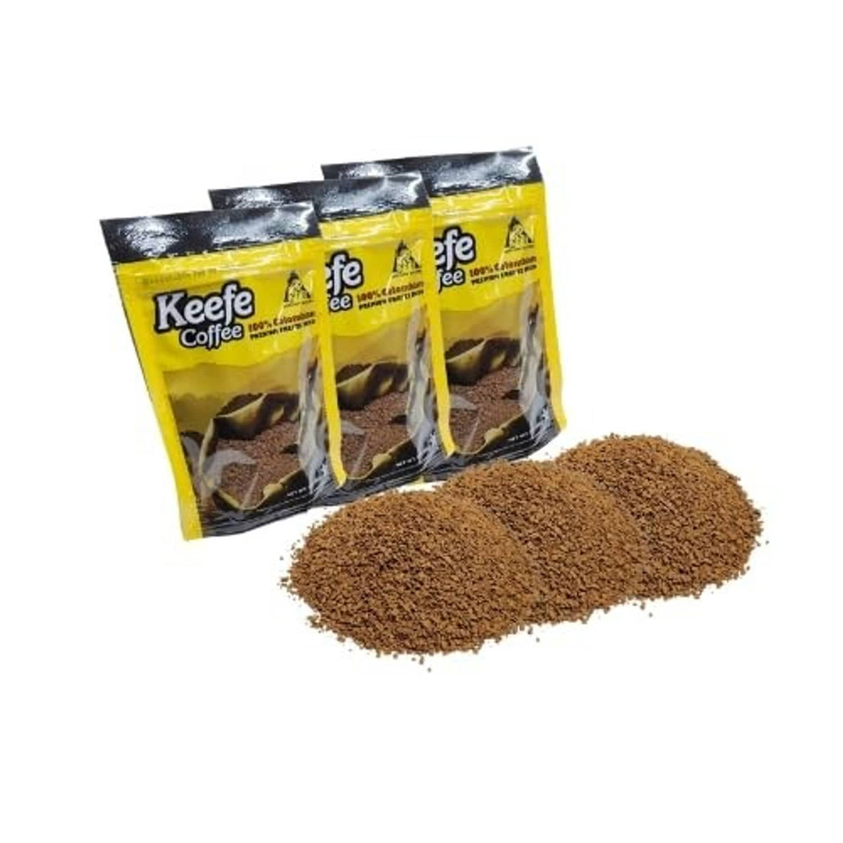 Freeze-dried coffee granules with Keefe Coffee yellow pouches, pack of 3