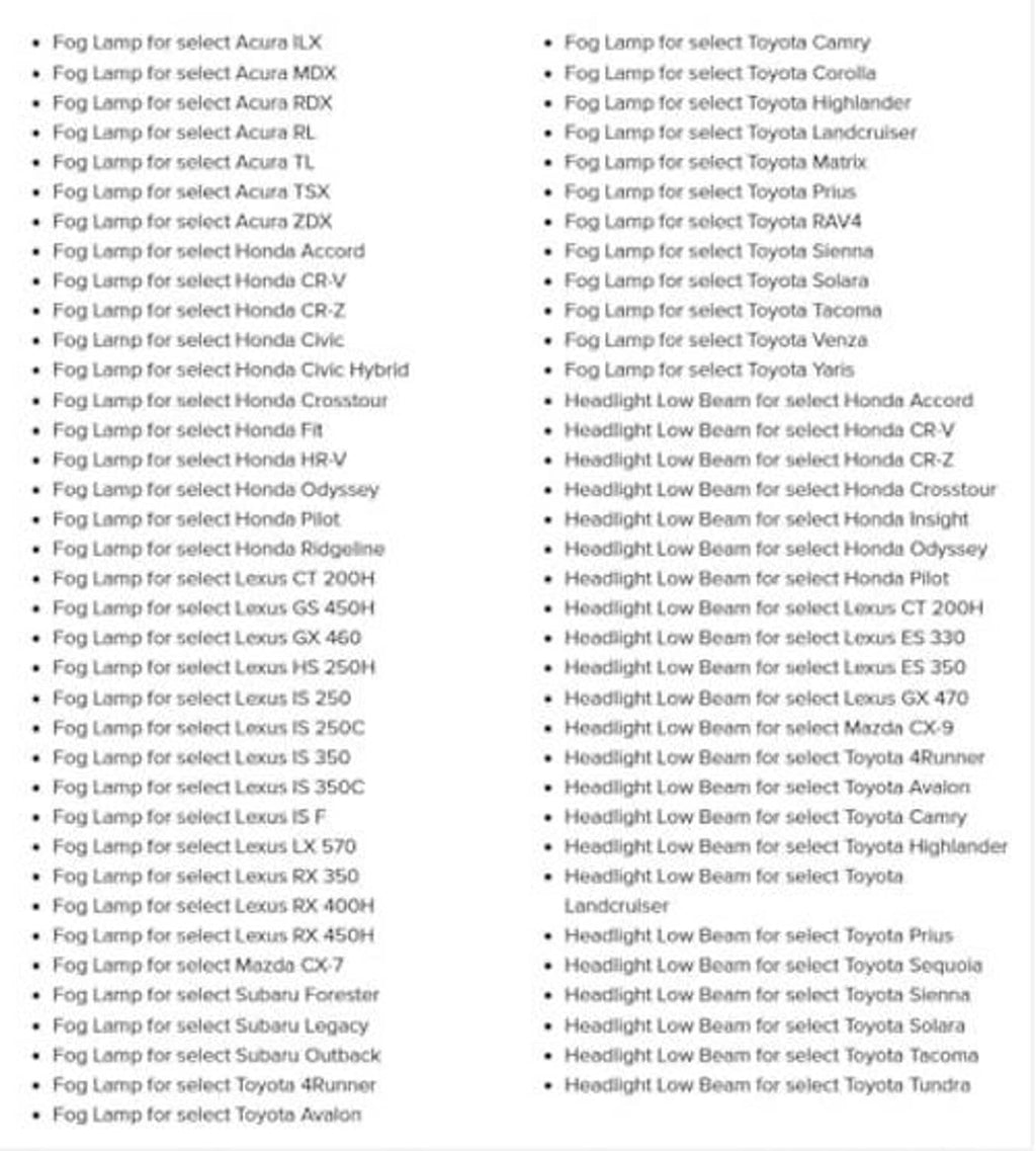 Vehicle compatibility list for H11/H8 headlight lamp adapter sockets and pigtail wiring