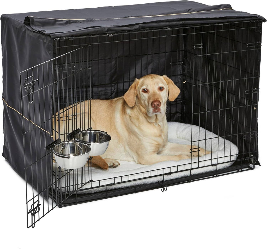 Large dog wire crate with black cover, double doors, and metal food bowl