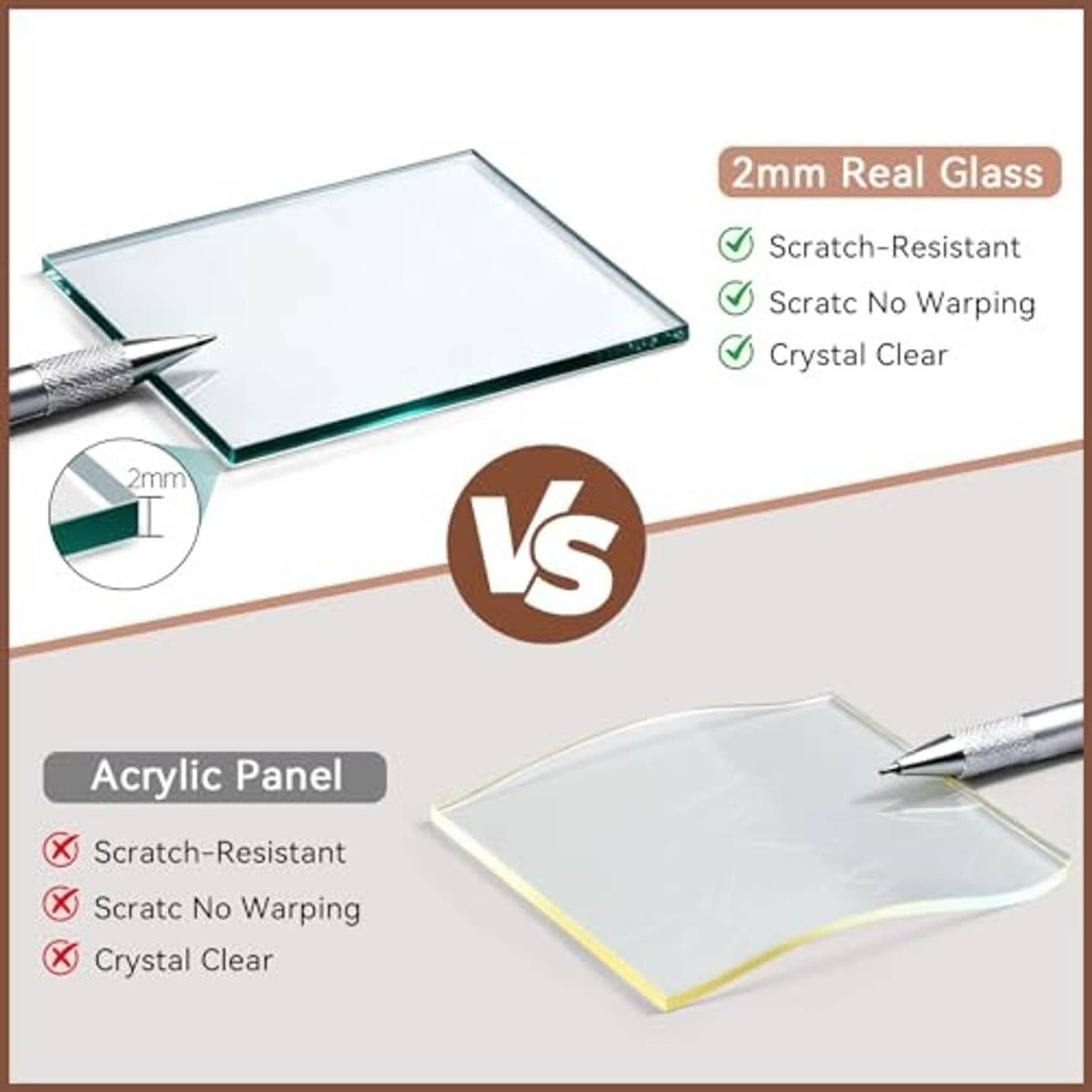 Real glass panel for picture frame, 2mm thick, clear scratch-resistant design