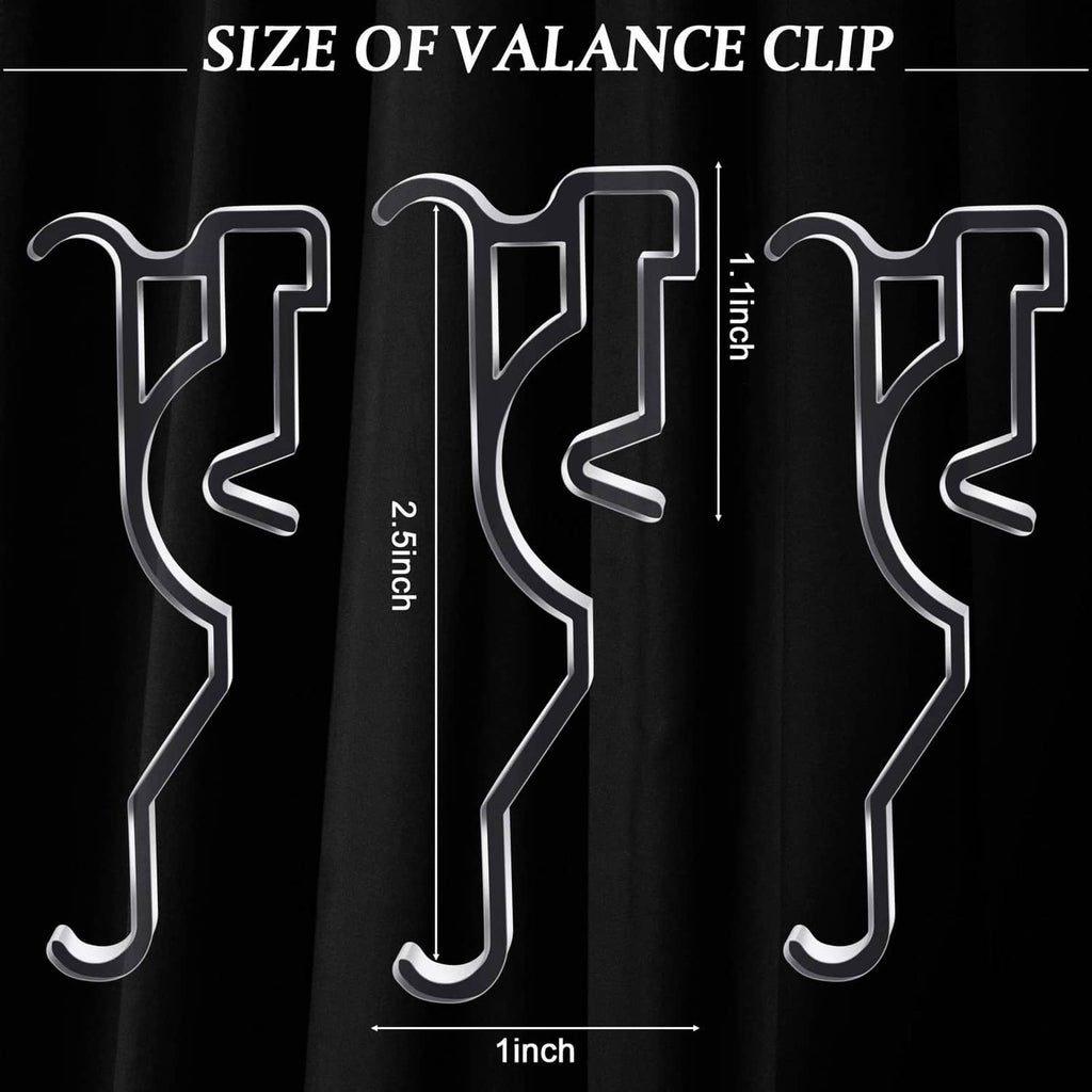 Clear valance clip with curved hook, shown with size guide markings