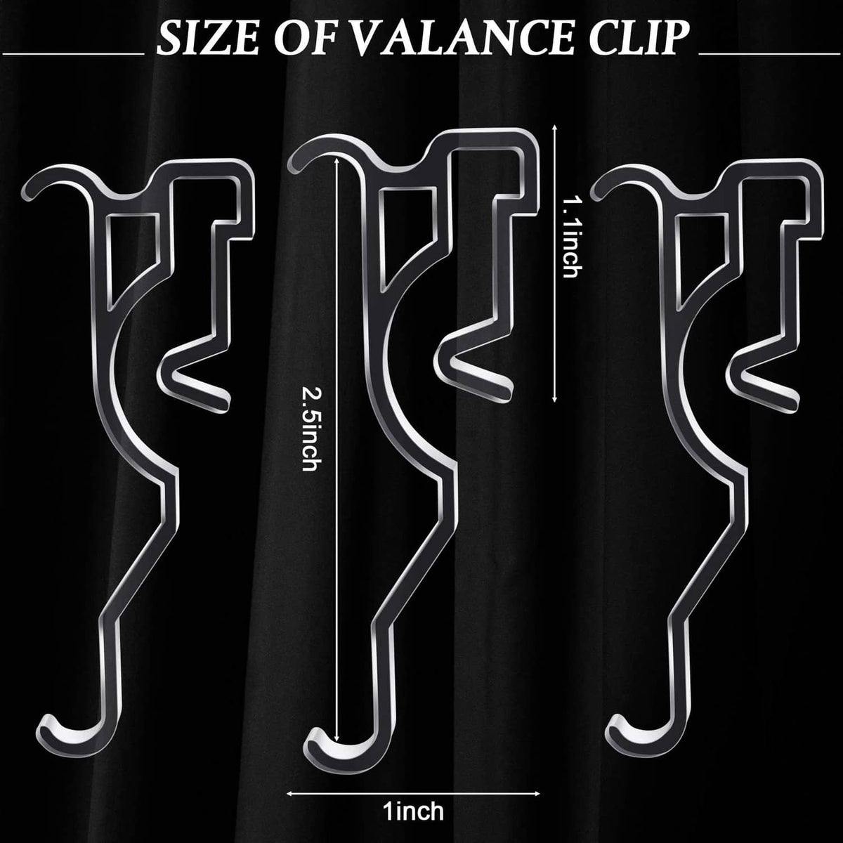 Clear valance clip with curved hook, shown with size guide markings