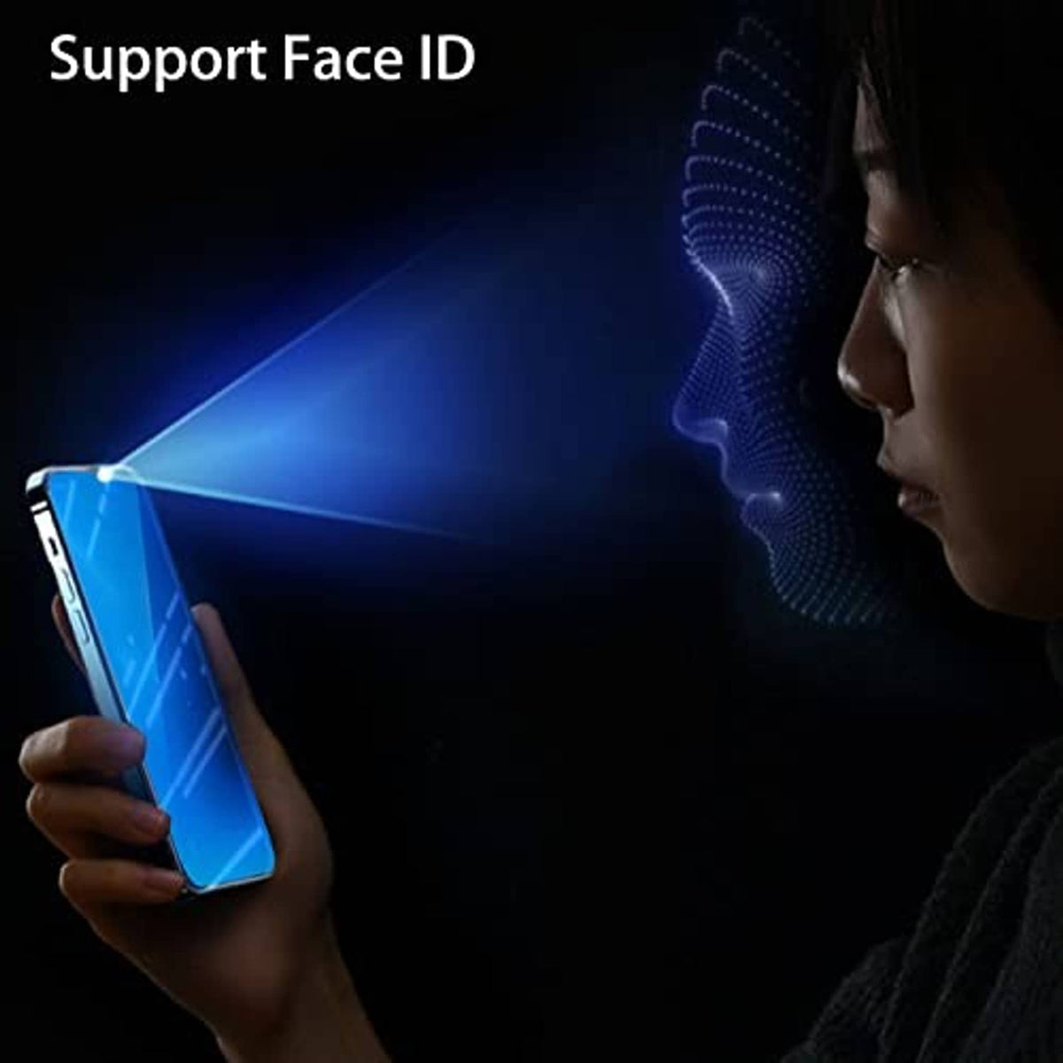 Blue anti-spy tempered glass screen protector, Face ID style face outline