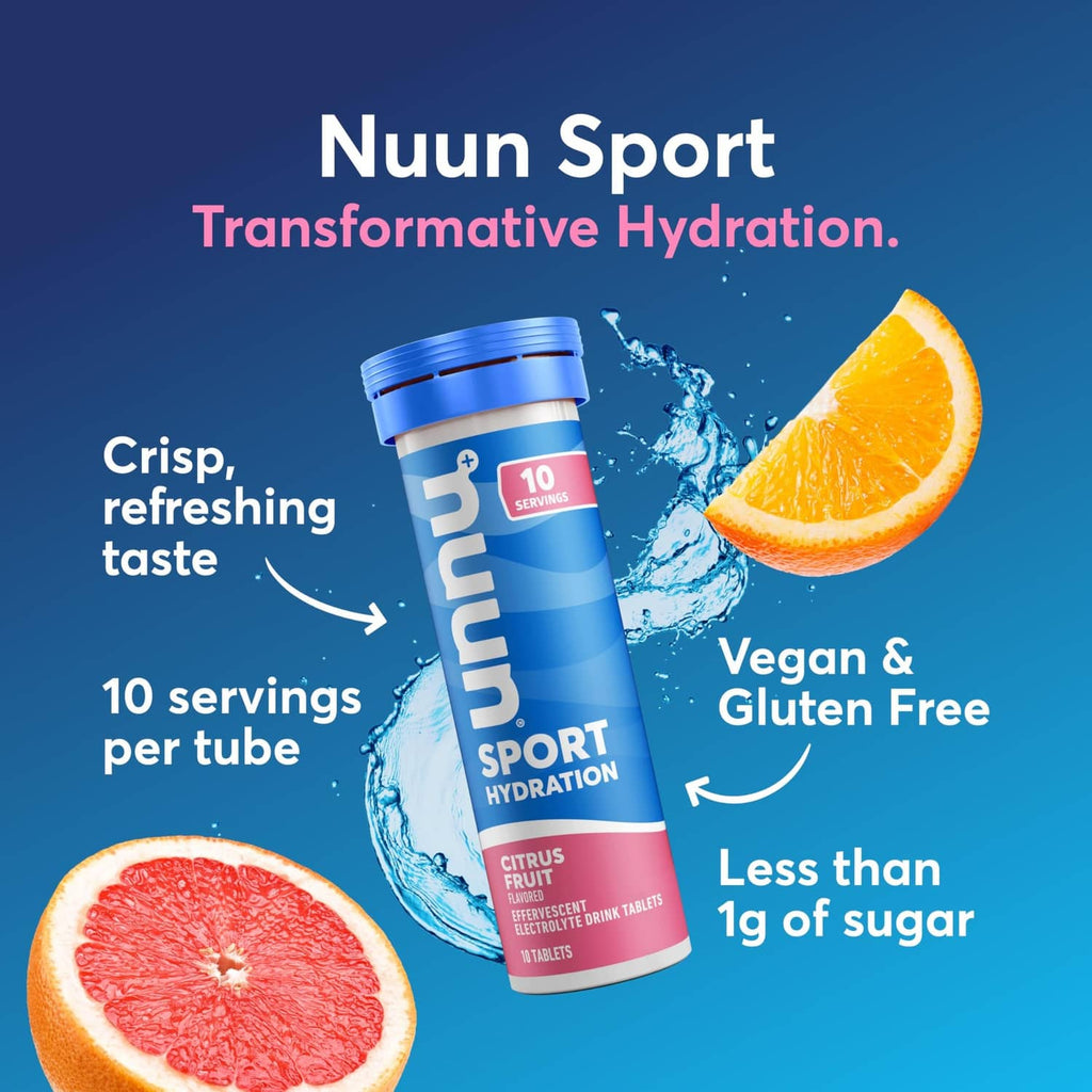 Nuun Sport hydration electrolyte tube with orange slice and citrus water splash
