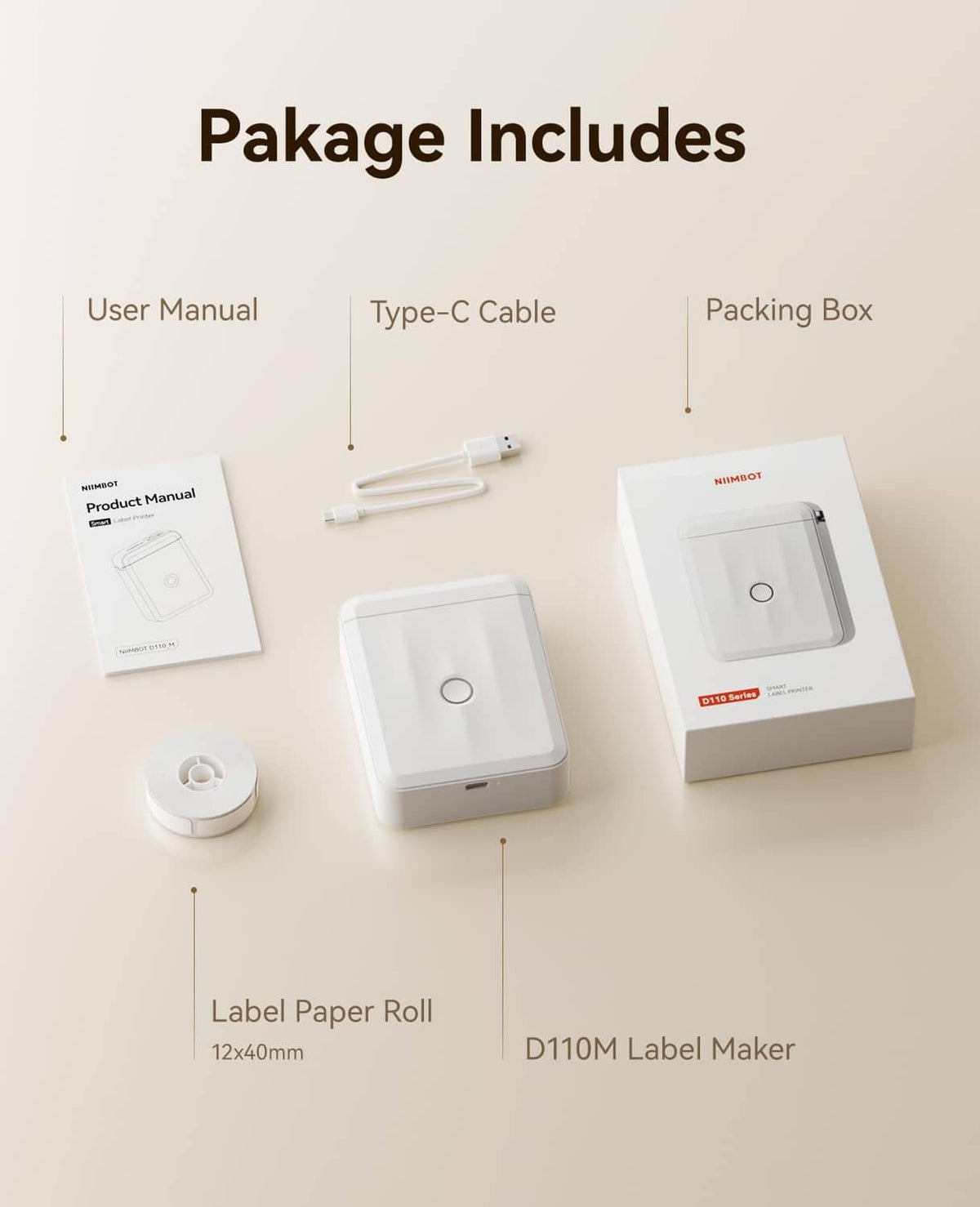 NIIMBOT D110M label maker bundle with label paper roll, Type-C cable, manuals