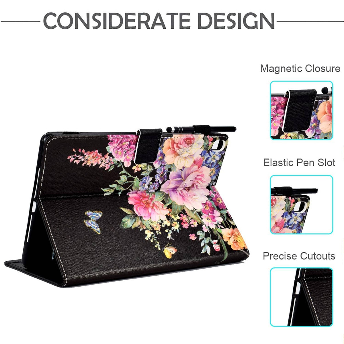 Floral iPad 9.7 folio case with magnetic closure and elastic pen slot