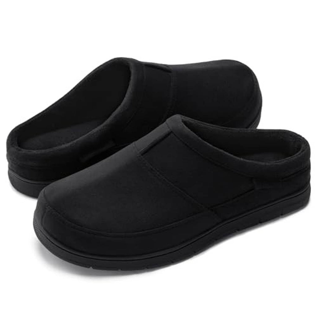 Black men's slip-on house slippers, rounded toe, low profile cushioned sole