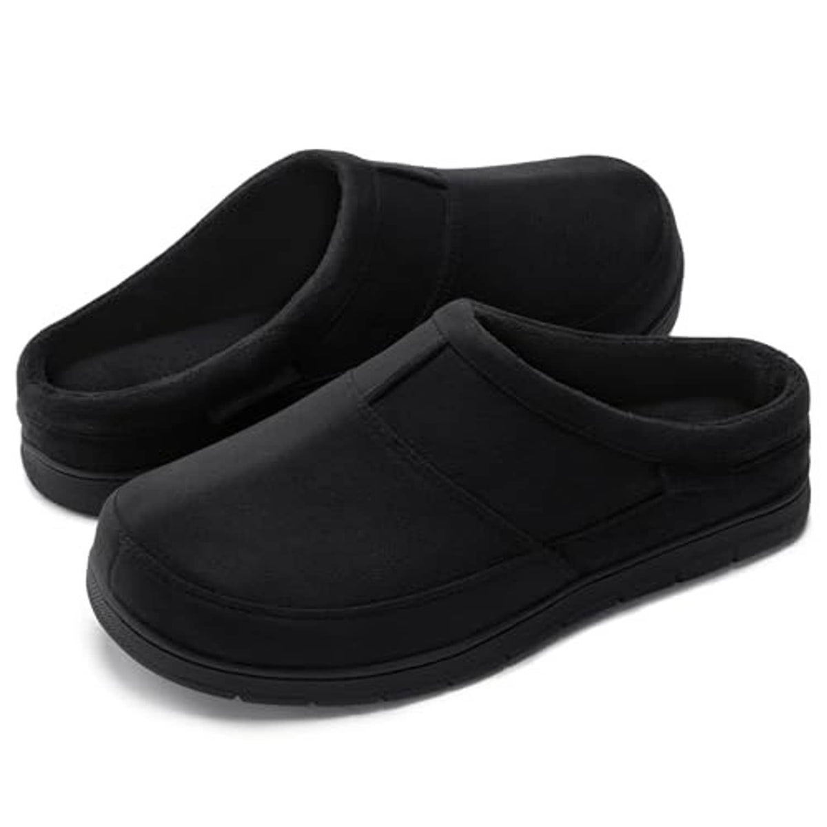 Black men's slip-on house slippers, rounded toe, low profile cushioned sole
