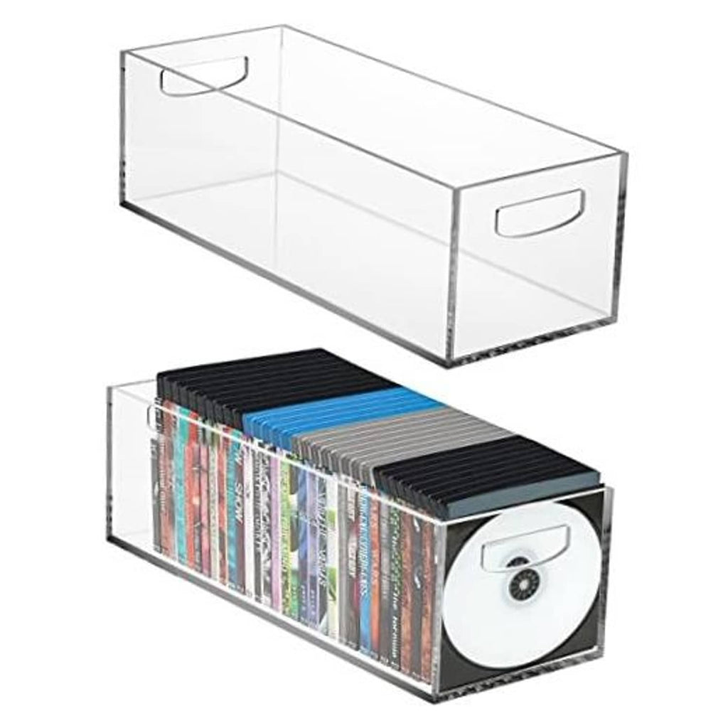 Clear acrylic DVD/CD storage boxes with handles, holding stacked discs