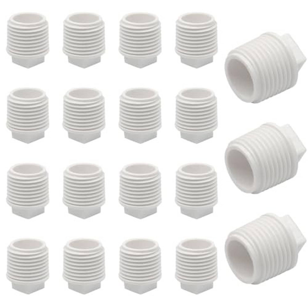 White PVC male threaded end cap plugs, 1/2 inch, multiple caps with ribbed sides