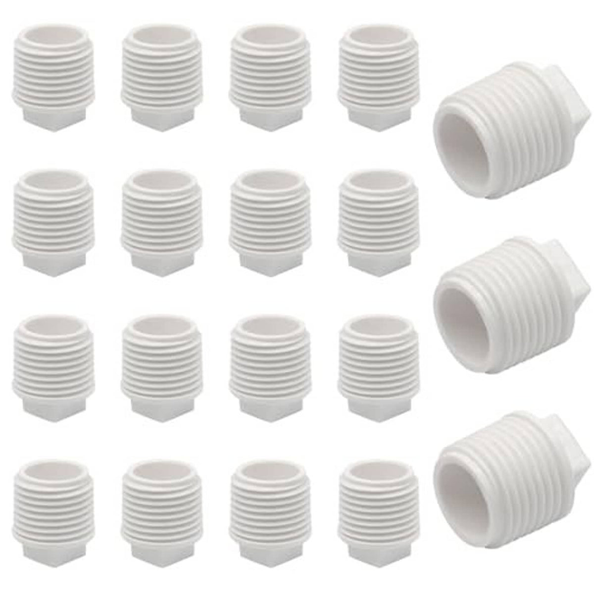White PVC male threaded end cap plugs, 1/2 inch, multiple caps with ribbed sides