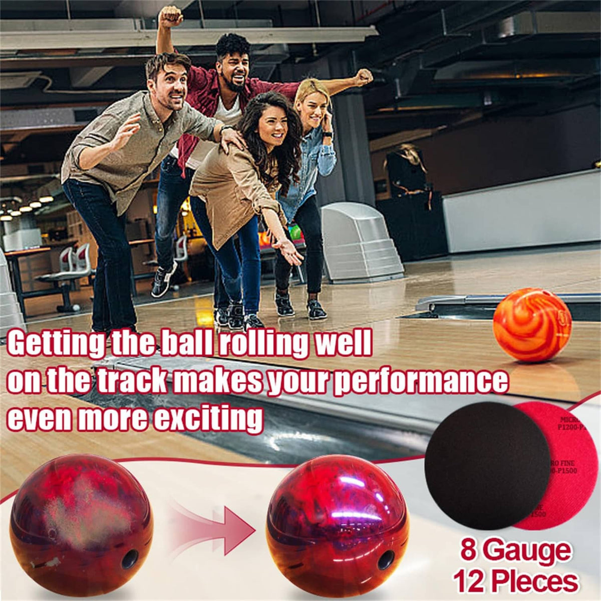 Red circular sanding pad discs with black backing, part of a 12-piece set