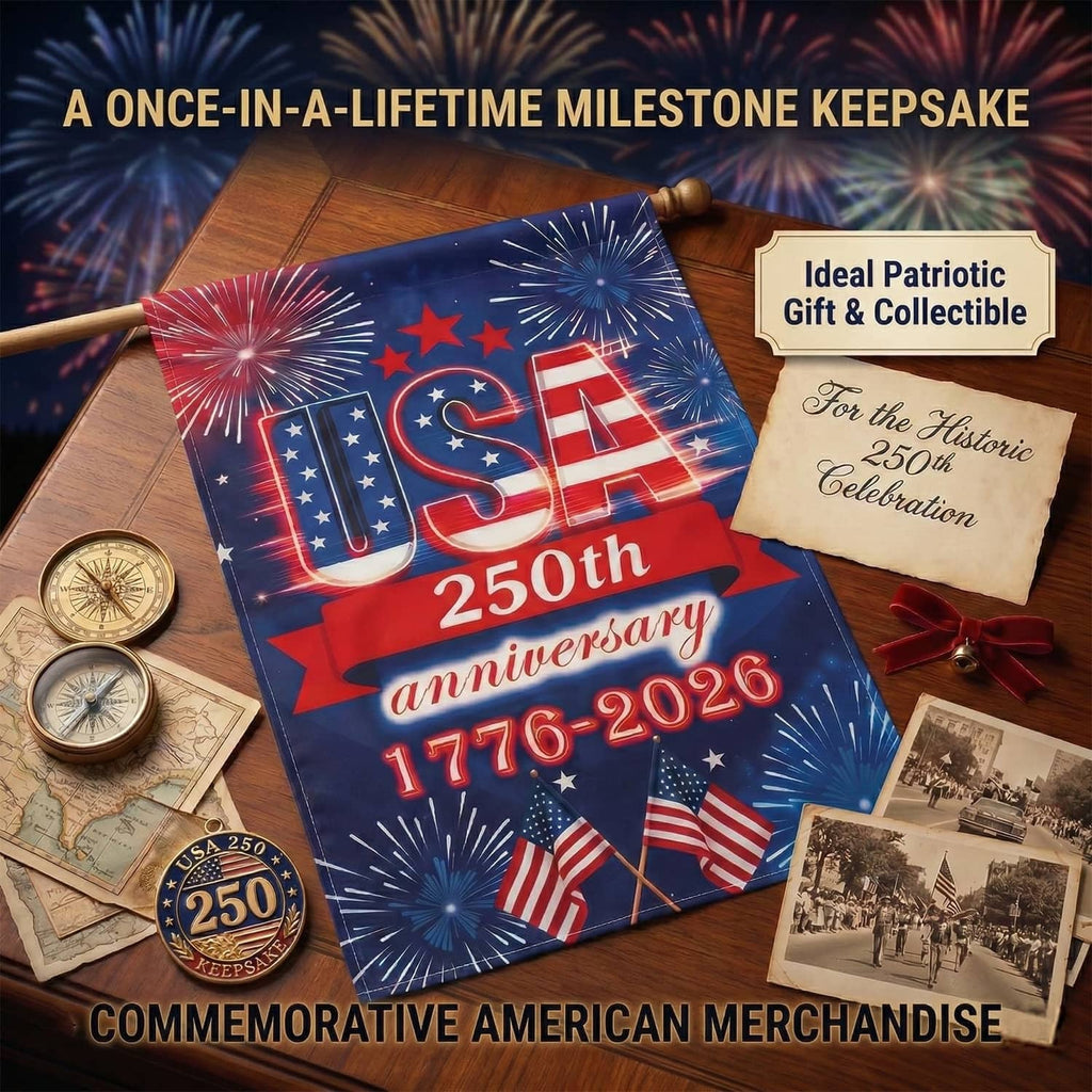 USA 250th anniversary garden flag with fireworks and stars, 1776-2026, collectible badge