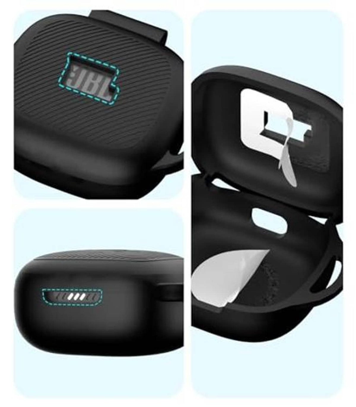 Black JBL Live Pro 2 case cover close-up collage showing JBL logo and open ports.