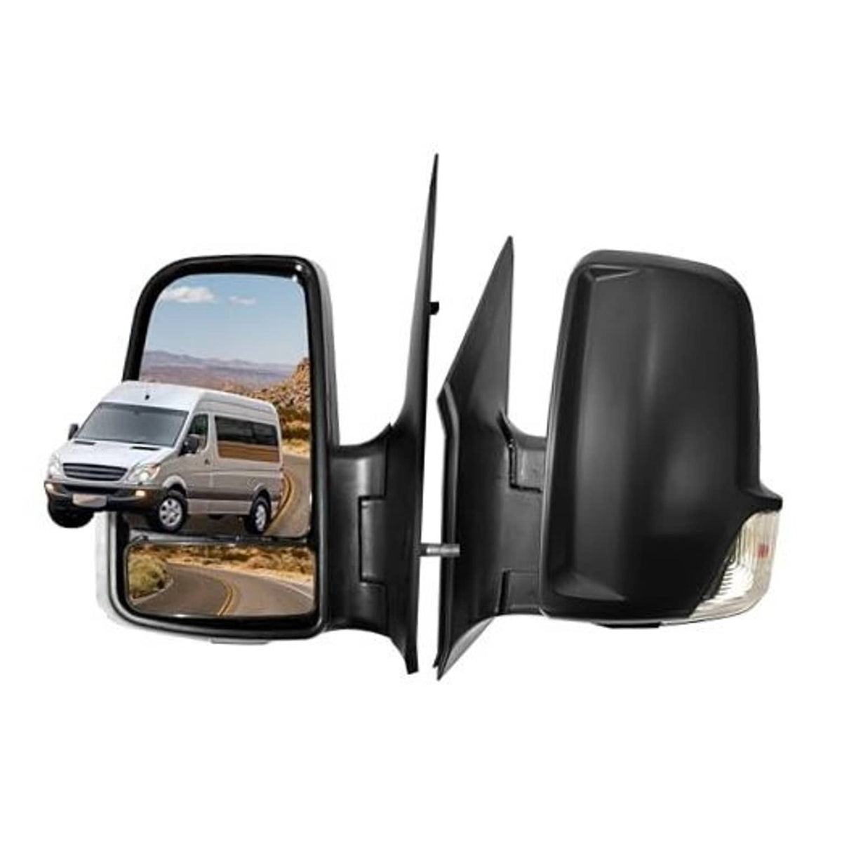 Left side mirror set with black housing and clear turn-signal lens, front view